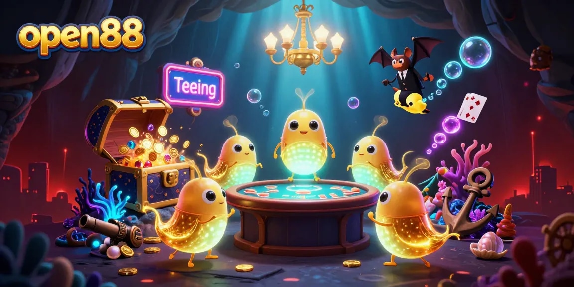 Experience the excitement of open88 in a vibrant 3D casino illustration featuring glowworms and a bat dealer.