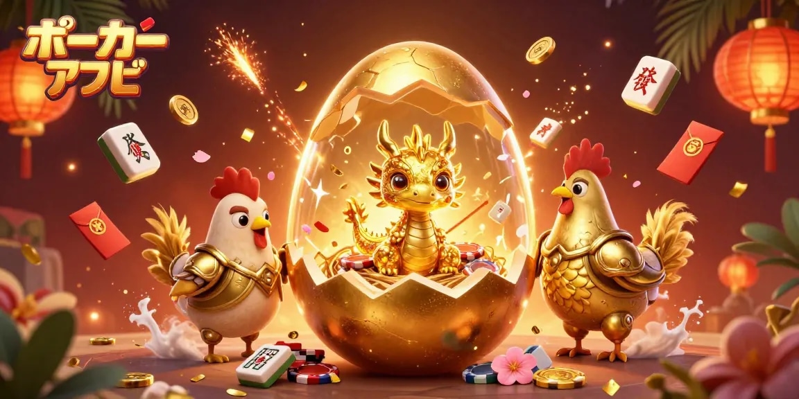 ポーカーアプリで勝利するためのダイナミックなシーン、金色のドラゴンとポーカーチップが描かれています。