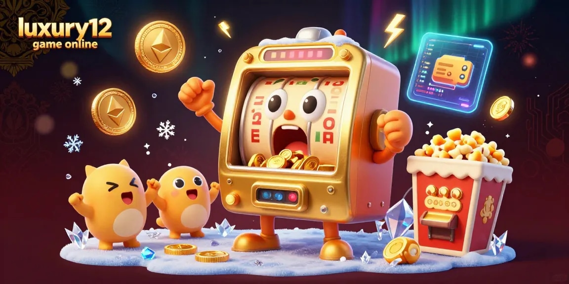 Experience luxury12 game online with cartoon slot machines hitting jackpots amidst glowing crypto elements.