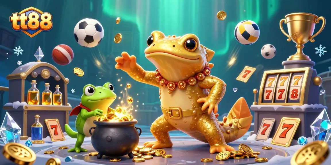 Win at tt88 as a giant golden salamander alchemist transforms base metals into gold coins amidst a bustling casino scene.