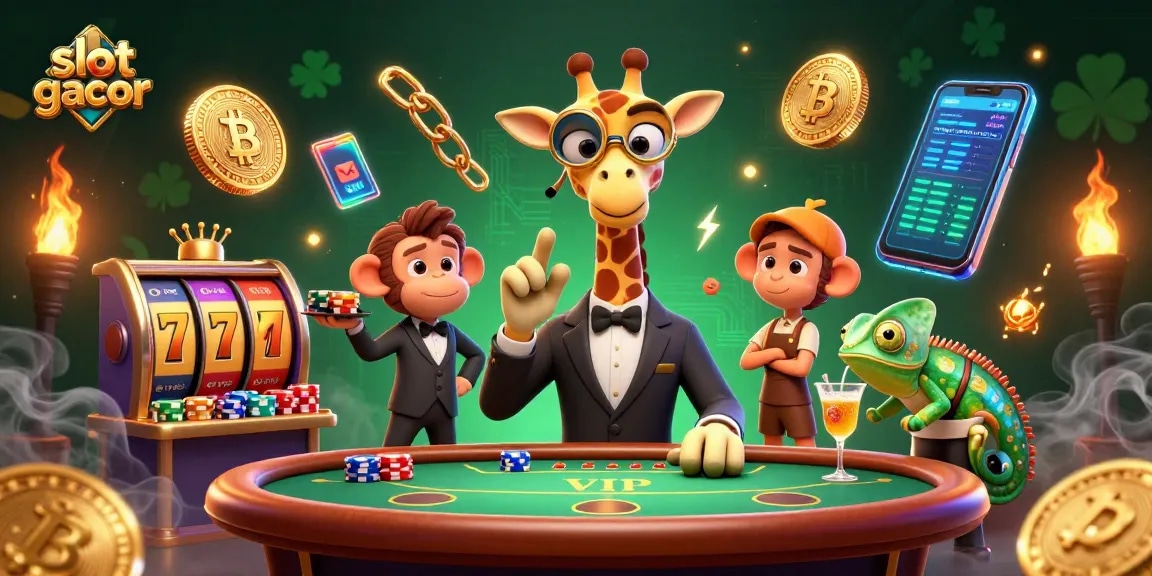 Engage in slot gacor gameplay with characters in a vibrant casino scene featuring gold accents.