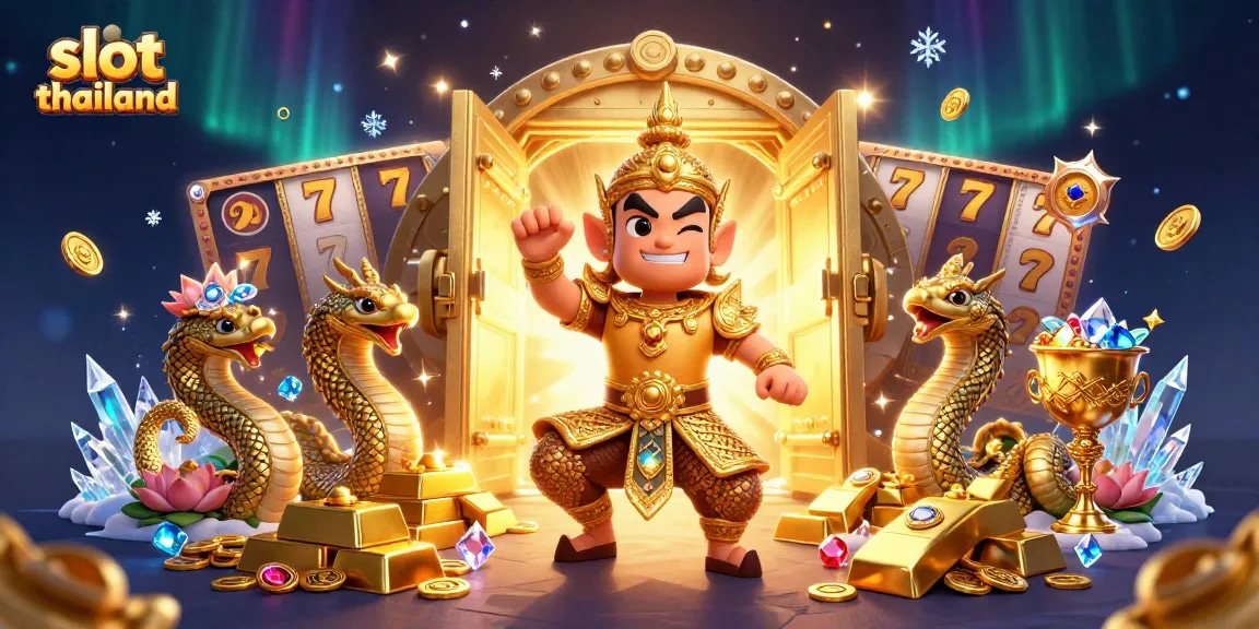 Engage with slot thailand's vibrant adventure featuring a Thai guardian and Naga amidst golden treasures.