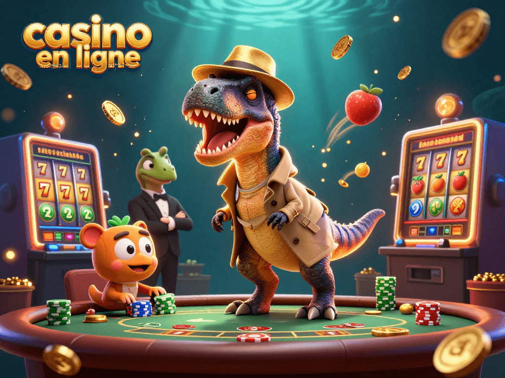 Jouez au casino en ligne sans vérification avec des personnages de dinosaures à une table de blackjack.