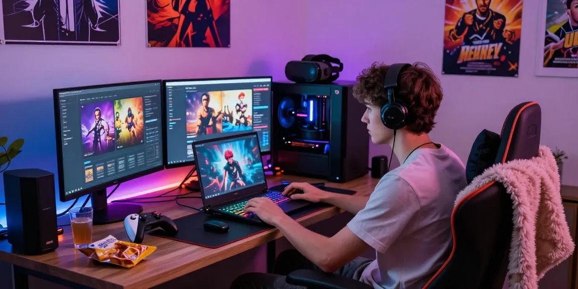 Engaging scene of a gamer playing porngames in a cozy gaming room with vibrant LED lights and gaming posters