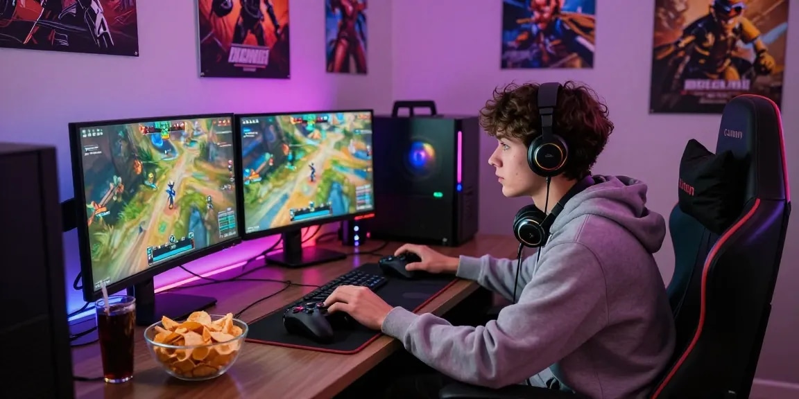 Engaged gamer in vibrant gaming room with dual monitors showcasing ok8386.guide gaming graphics.