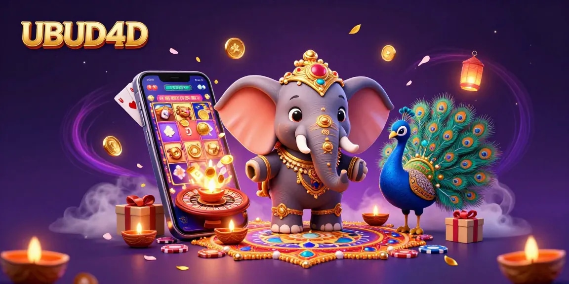Experience UBUD4D through a vibrant illustration showcasing a Diwali-themed elephant and casino elements captivating gamers.