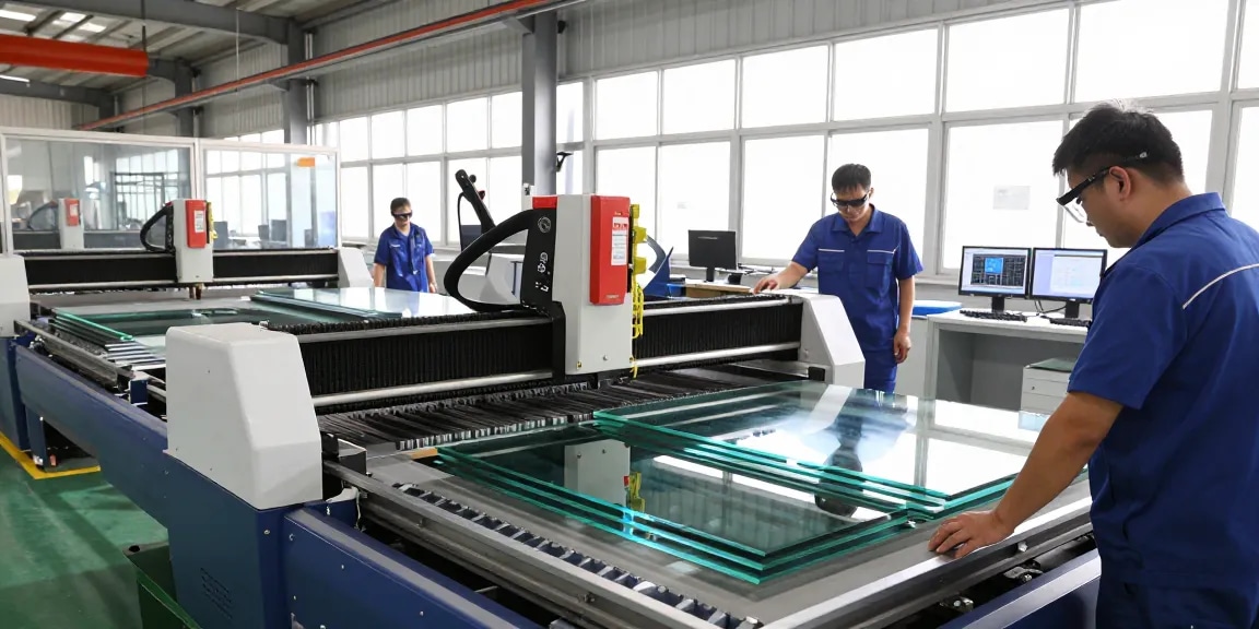 Technicians operating a glass cutting machine in a modern glass processing facility