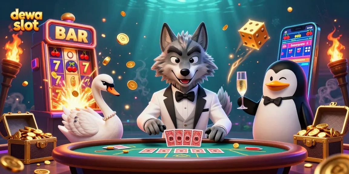 Play exciting games at dewa slot with vibrant characters and a dynamic casino atmosphere.