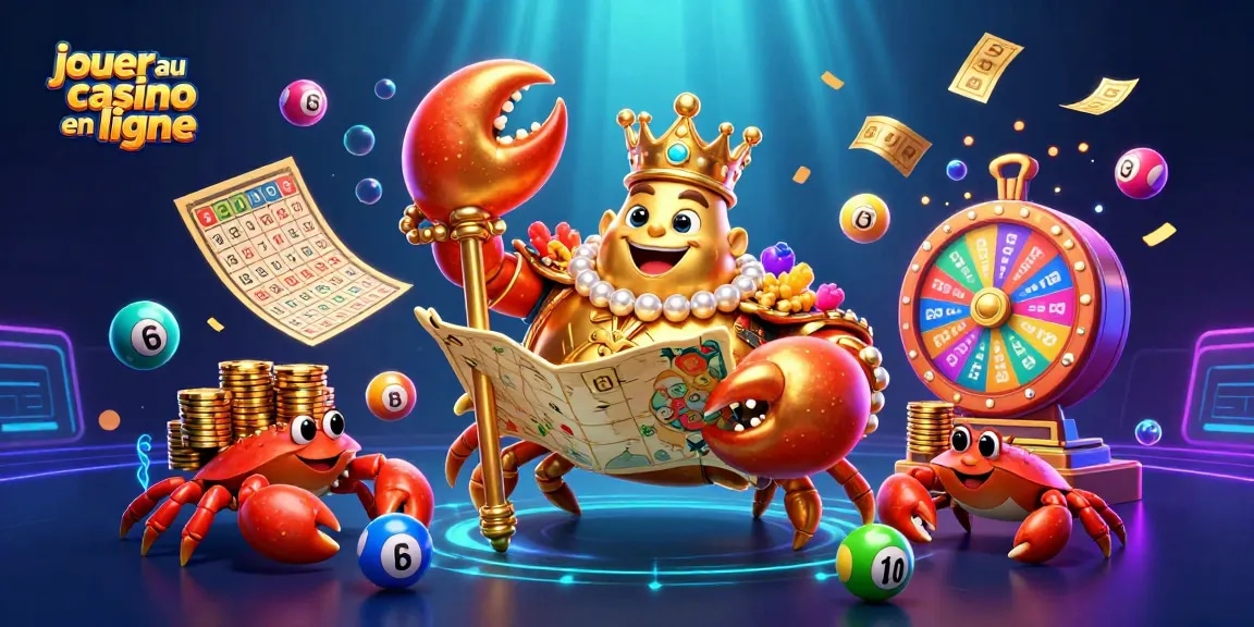 Jouer au casino en ligne avec un crabe empereur d'or entouré de balles de loterie colorées et d'effets de lumière.