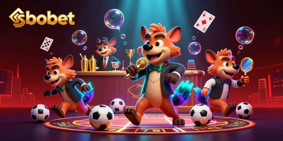 Sbobet sports betting scene with hyena characters and vibrant casino elements.