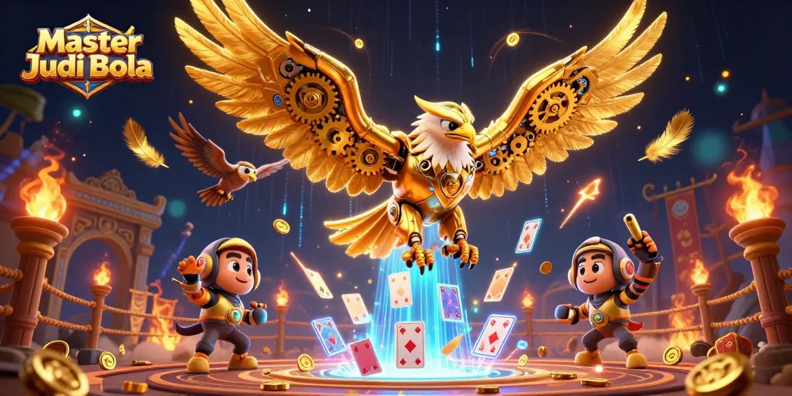 Master Judi Bola showcases a dynamic 3D illustration of a cybernetic eagle amidst holographic cards and casino elements.