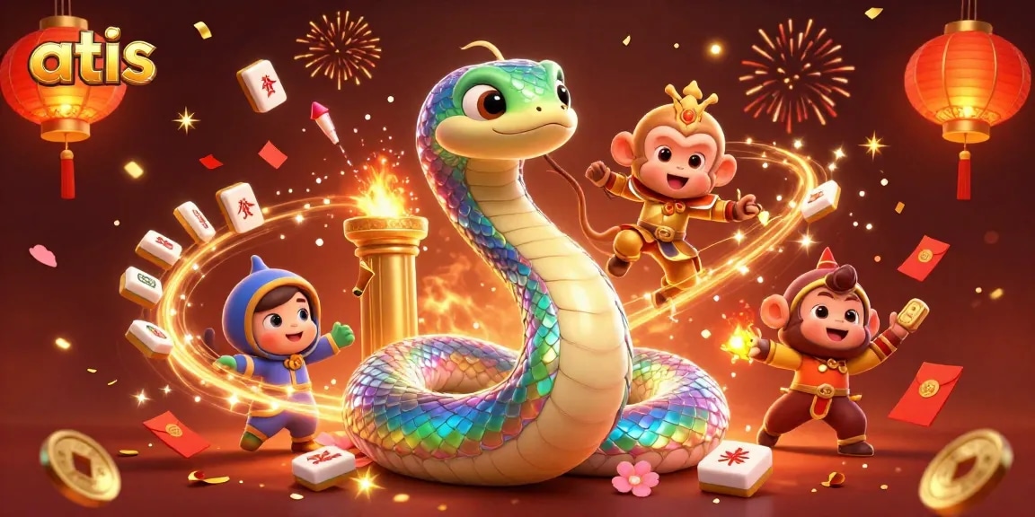 Experience the thrill of gaming at atas, with a rainbow serpent and playful monkey king in a vibrant casino scene.