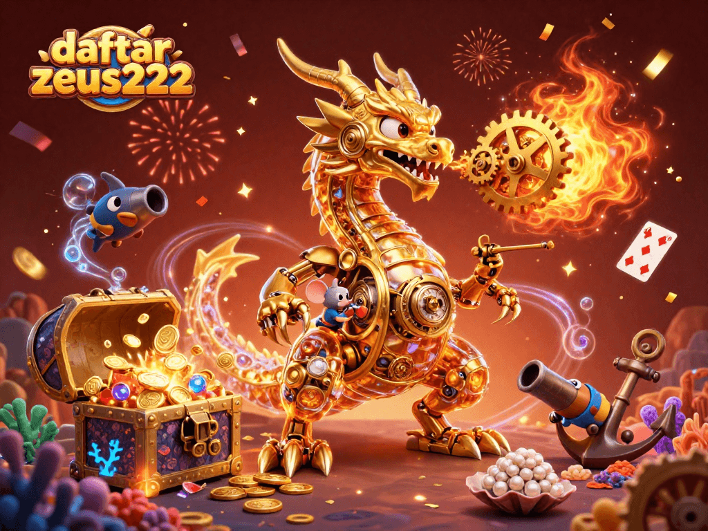 Join the action with daftar zeus222 as a golden dragon dominates a vibrant gaming scene, showcasing excitement.