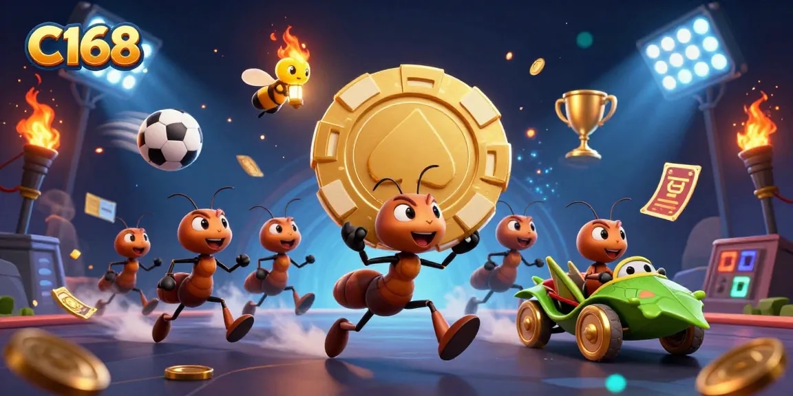 C168 offers exciting gaming action with dynamic 3D ants featuring a massive poker chip and vibrant sports elements.