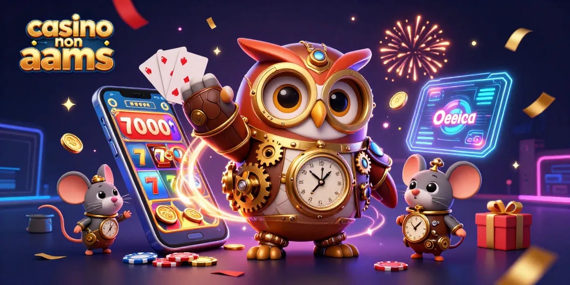 Esplora l'emozione del casinò non AAMS con un gufo animato 3D e vivaci elementi da casinò.