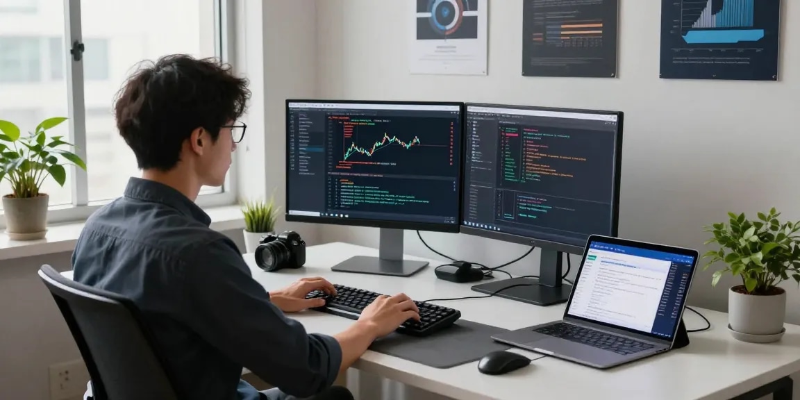 Real-time coding for Taiwan stock WebSocket API in a modern tech workspace with trading charts and tools.