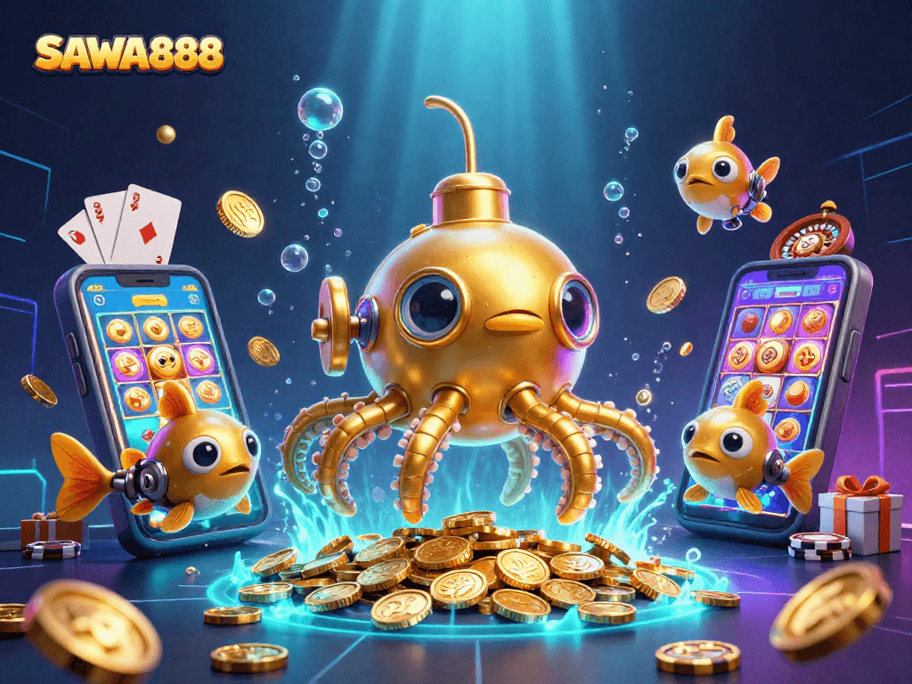 SAWA888 features a golden kraken submarine amidst golden coins and colorful casino elements, perfect for online gambling.