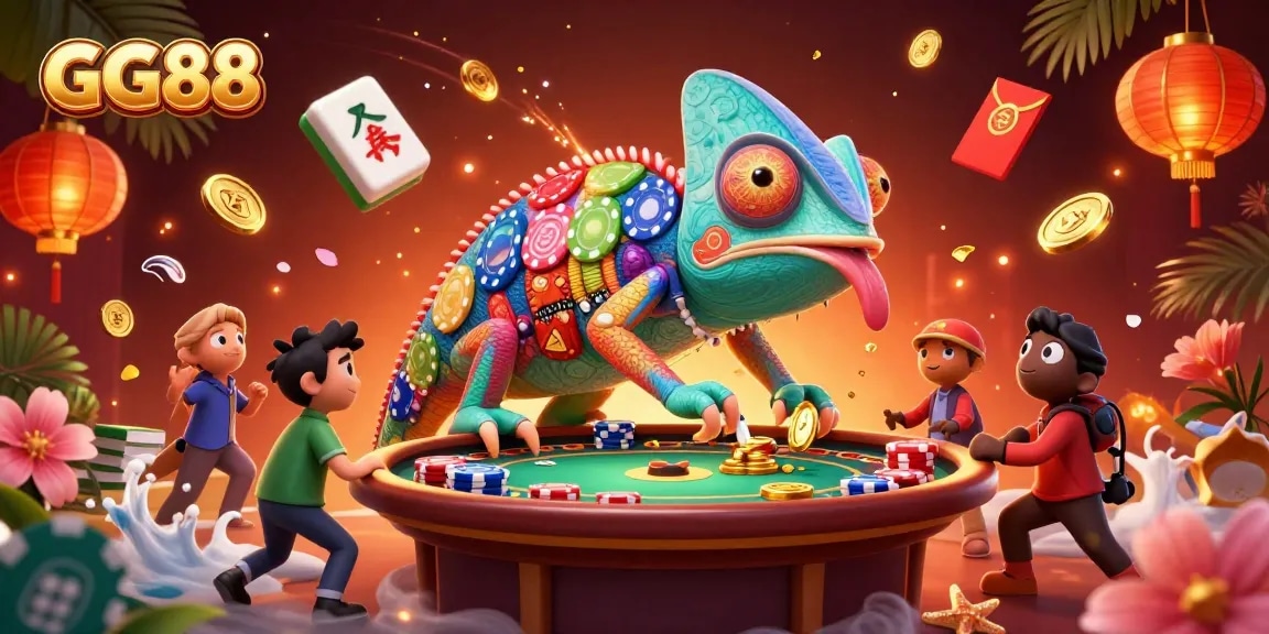 Experience the vibrant world of GG88 casino with a lively chameleon owner and captivating gaming elements.