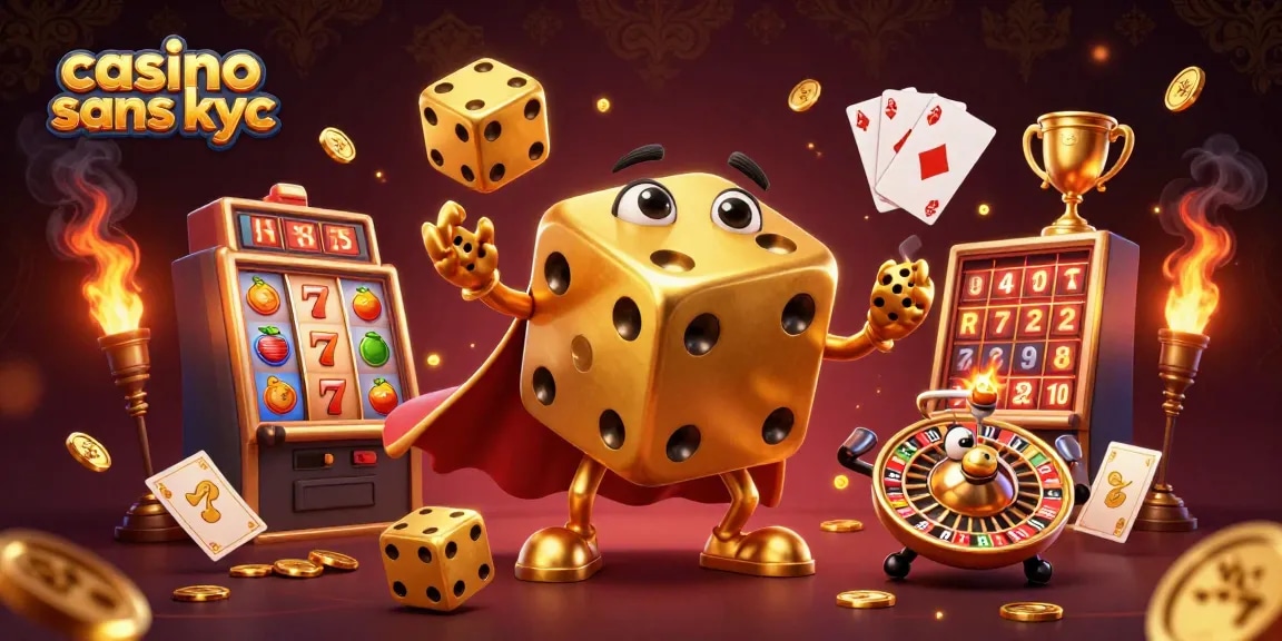 Jouer au casino sans KYC avec des jeux de machines à sous colorés et des dés dorés.
