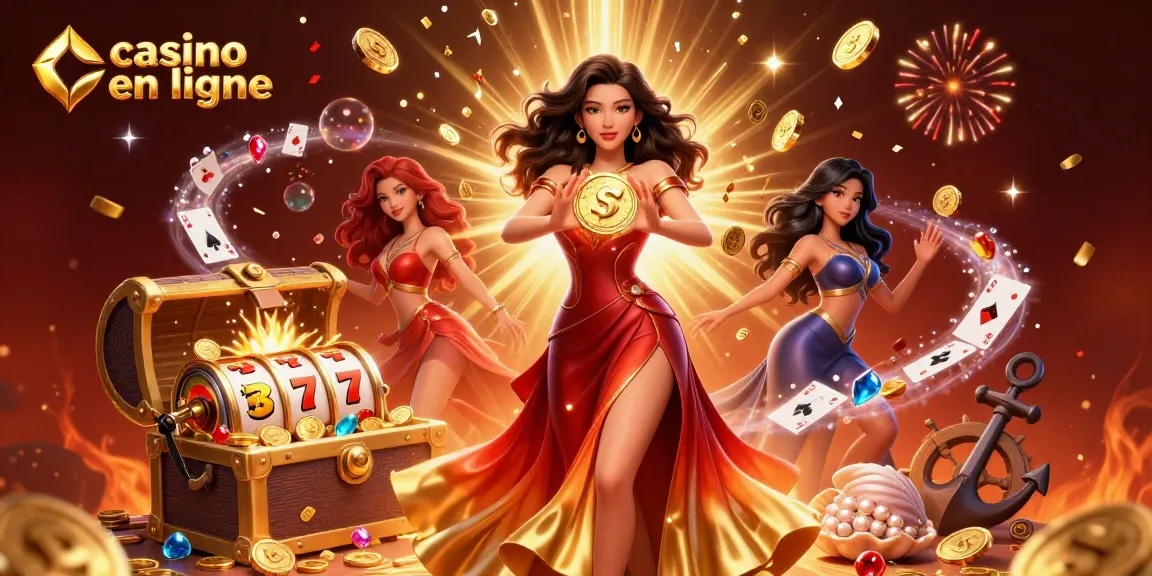 Découvrez l'excitation du casino en ligne avec une illustration 3D vibrante mettant en avant des machines à sous, des pièces et des décorations.