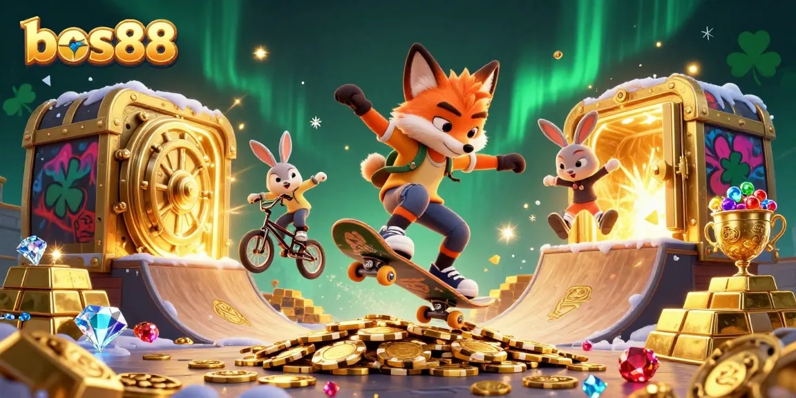 Experience exciting gameplay with bos88 as a fox performs tricks over golden poker chips in a vibrant casino atmosphere.
