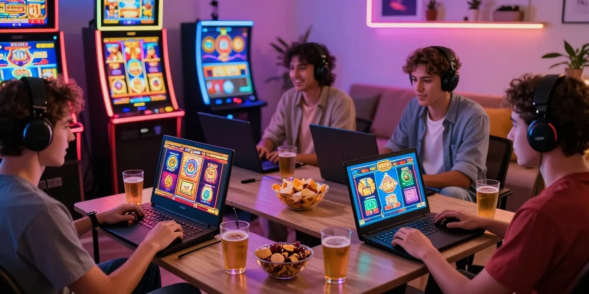 Exciting slot depo 5k gaming night scene with friends enjoying various online games in a lively atmosphere.