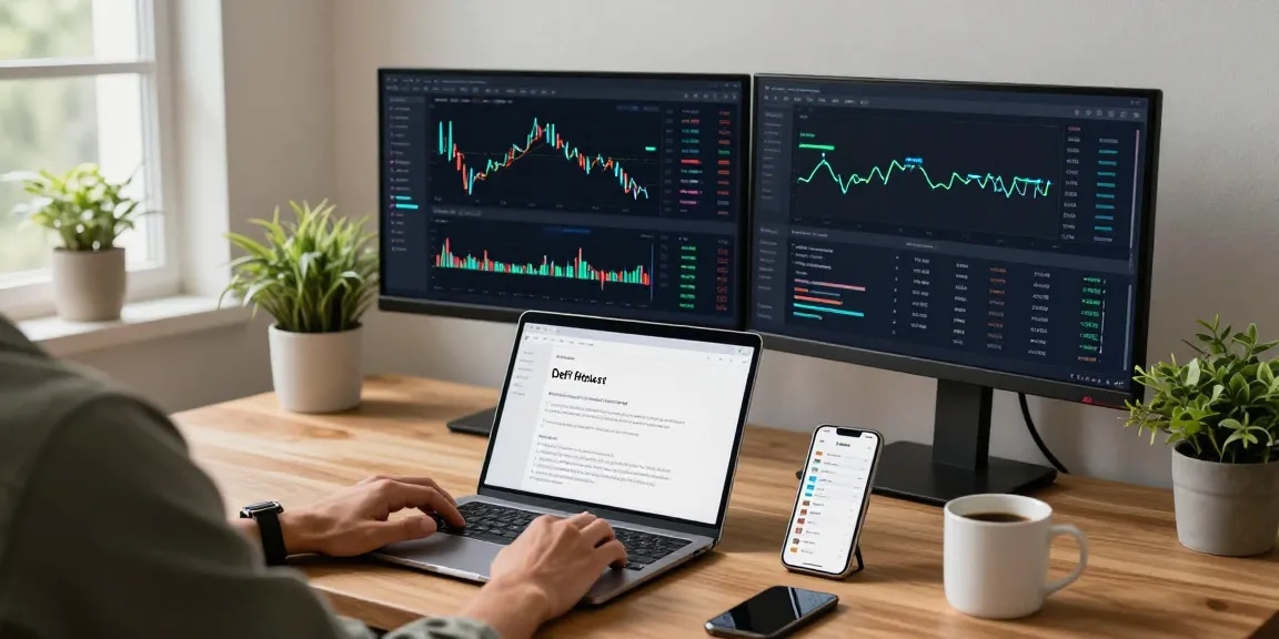 Funexchange platform with real-time cryptocurrency trading charts, digital wallets, and DeFi dashboards in a stylish home office setup.