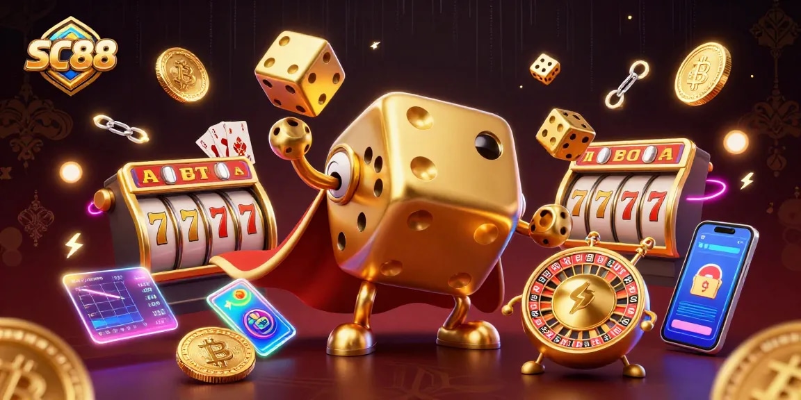 SC88 offers thrilling gameplay with a lively 3D illustration featuring golden dice and casino elements.