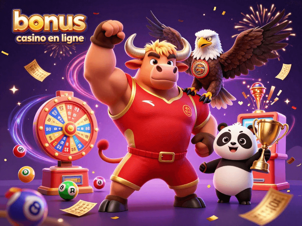Jouer au bonus casino en ligne avec des personnages dynamiques, des boules de loterie et une ambiance festive.