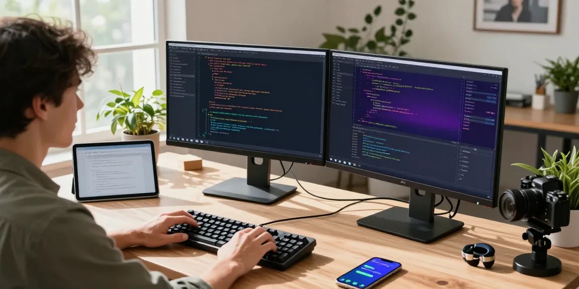 Workspace showcasing a developer coding with 纸飞机中文版 on dual monitors amidst plants and tech gadgets.