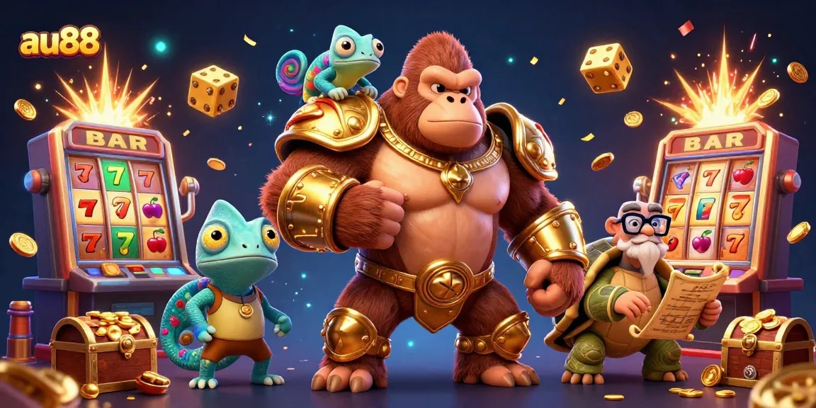 A powerful gorilla and wise tortoise celebrate a jackpot explosion at au88 casino.