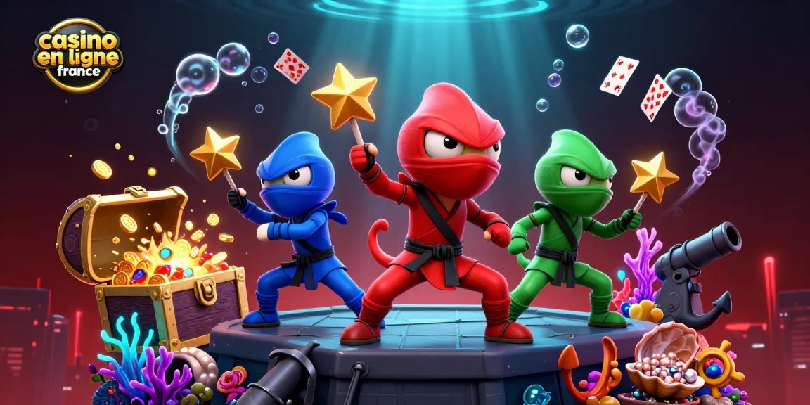 Jouez aux jeux de casino en ligne en France avec l'équipe de caméléons ninja dans une ambiance dynamique.