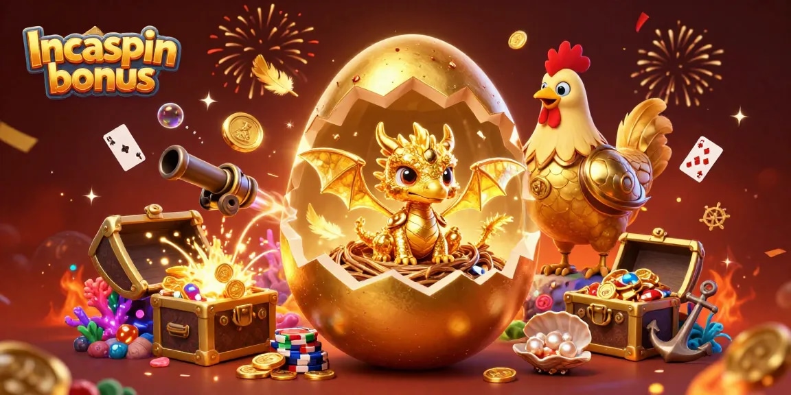 Experience the excitement of the Incaspin bonus with a golden dragon and poker chips amidst a vibrant casino scene.