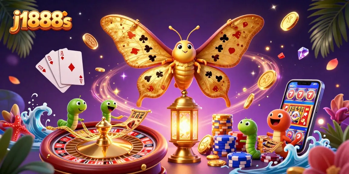 Experience thrilling games at j1888s with a visually stunning casino scene featuring golden moths and vibrant elements.