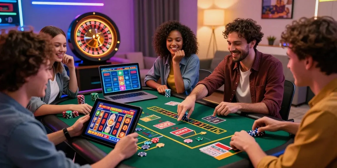 Amitiés profitant du casino en ligne sur tablettes et ordinateurs portables dans un salon animé.