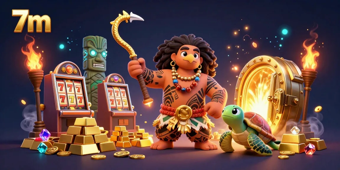 Engage with 7m online slots through a vibrant 3D illustration showcasing a demigod and treasures.