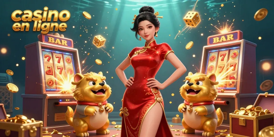 Vivez l'excitation du casino en ligne avec une femme asiatique glamour au milieu de machines à sous éclatantes et de trésors dorés.