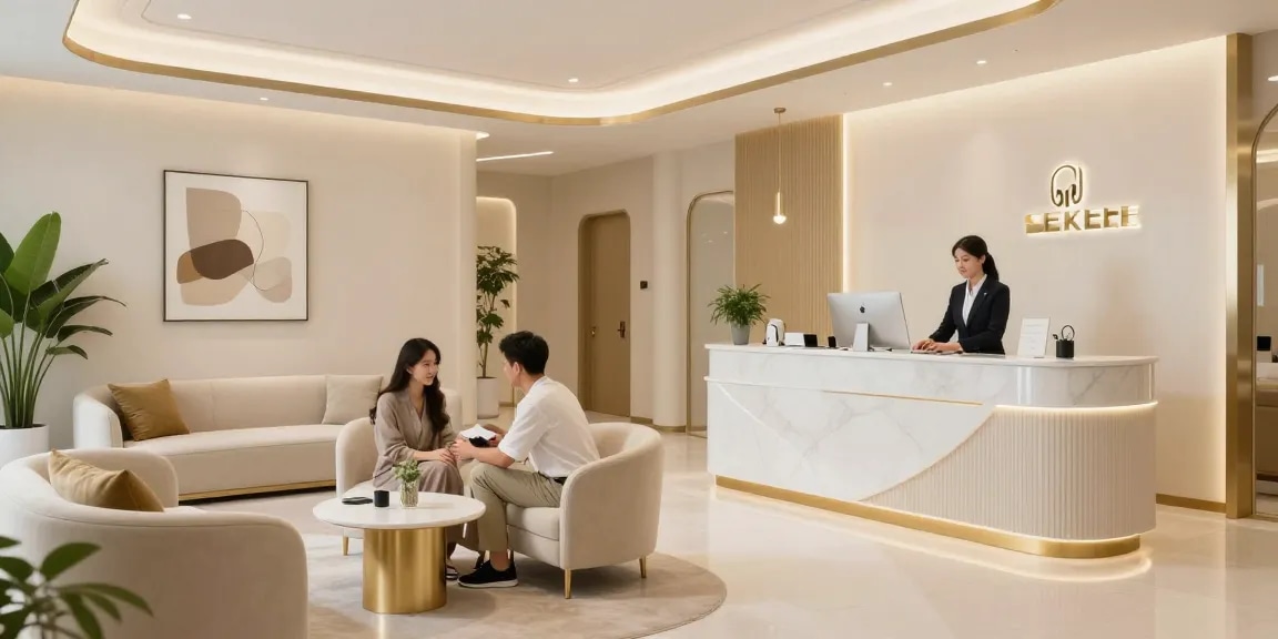 Luxurious clinic interior with elegant design, featuring warm colors and welcoming atmosphere, perfect for a คลินิก luxury experience.