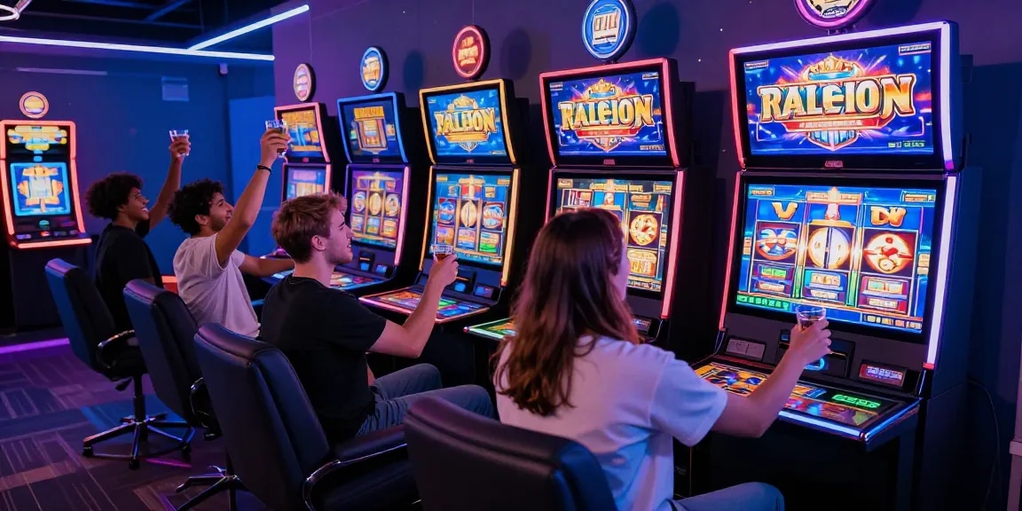 Players celebrating big wins at a colorful slot game lounge, showcasing excitement in the gambling world.