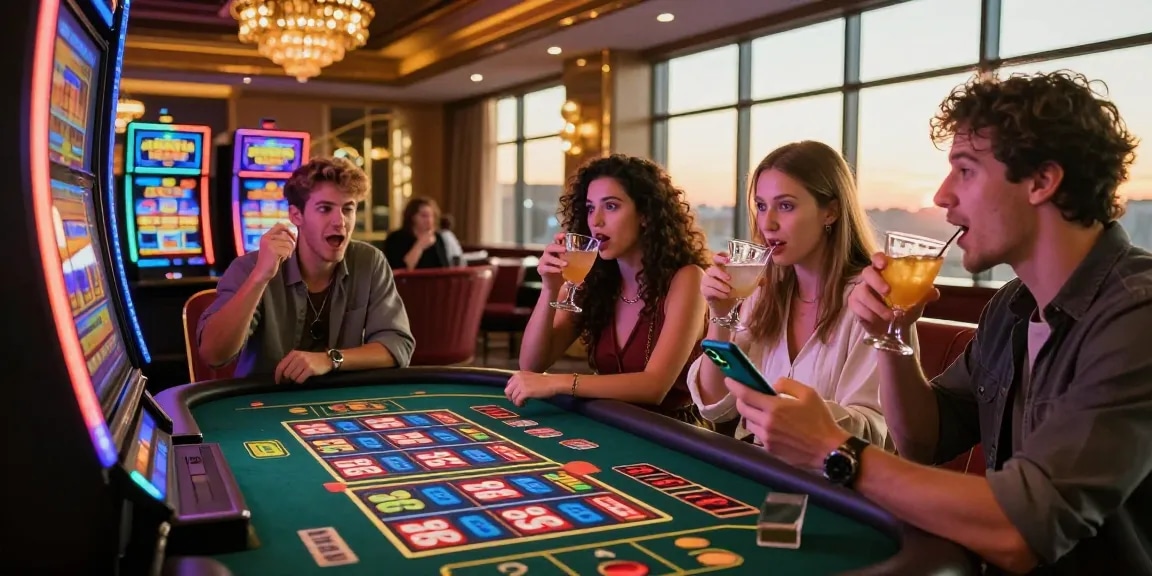 Friends celebrating their wins while playing slot deposit 1000 machines in a vibrant casino atmosphere.