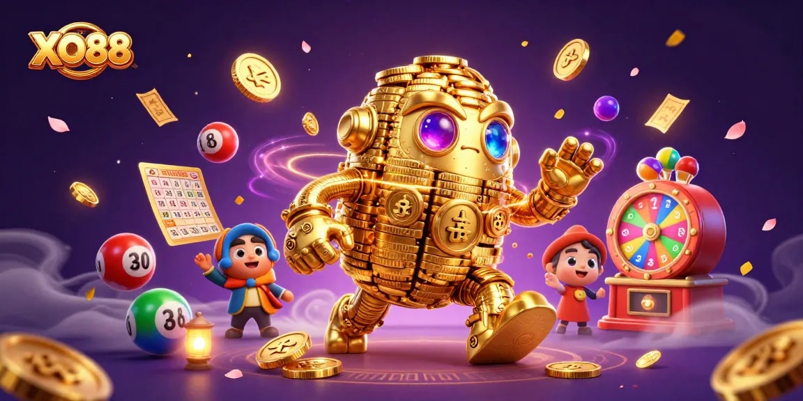 Experience exciting moments with XO88's animated golem amid vibrant gambling elements.