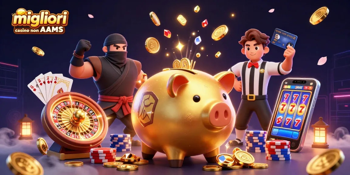 Migliori casino non AAMS: illustrazione di un sumo cartone d'oro mentre scatena monete d'oro e personaggi dinamici.