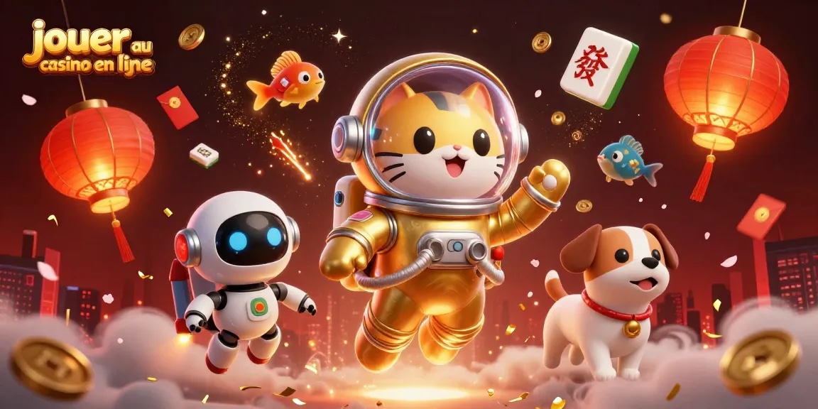 Jouer au casino en ligne avec des personnages colorés, y compris un chat astronaute et un chien robot, au milieu d'éléments de jeu