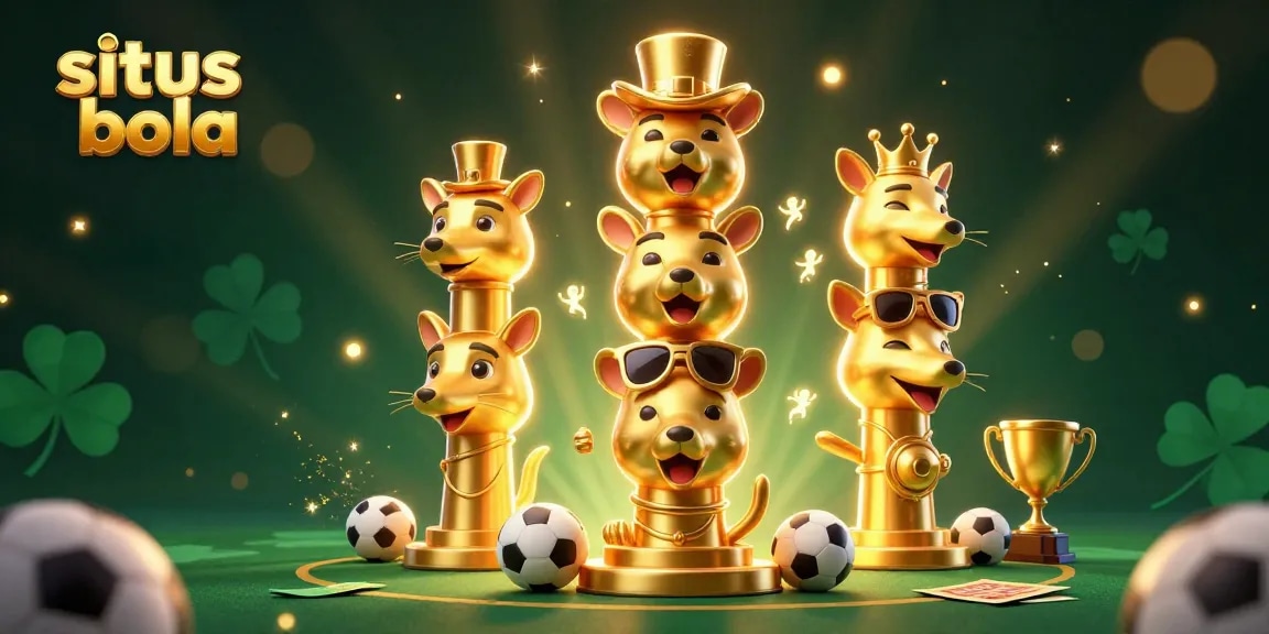 Bet on situs bola with dynamic sports balls and a trophy in this vibrant betting scene illustration.