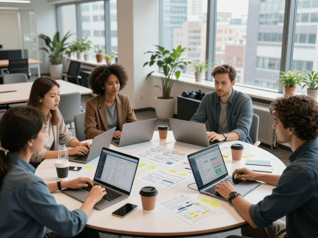 Team collaboration at https://koperasisantun.com/ in a modern office setting, showcasing vibrant brainstorming atmosphere.