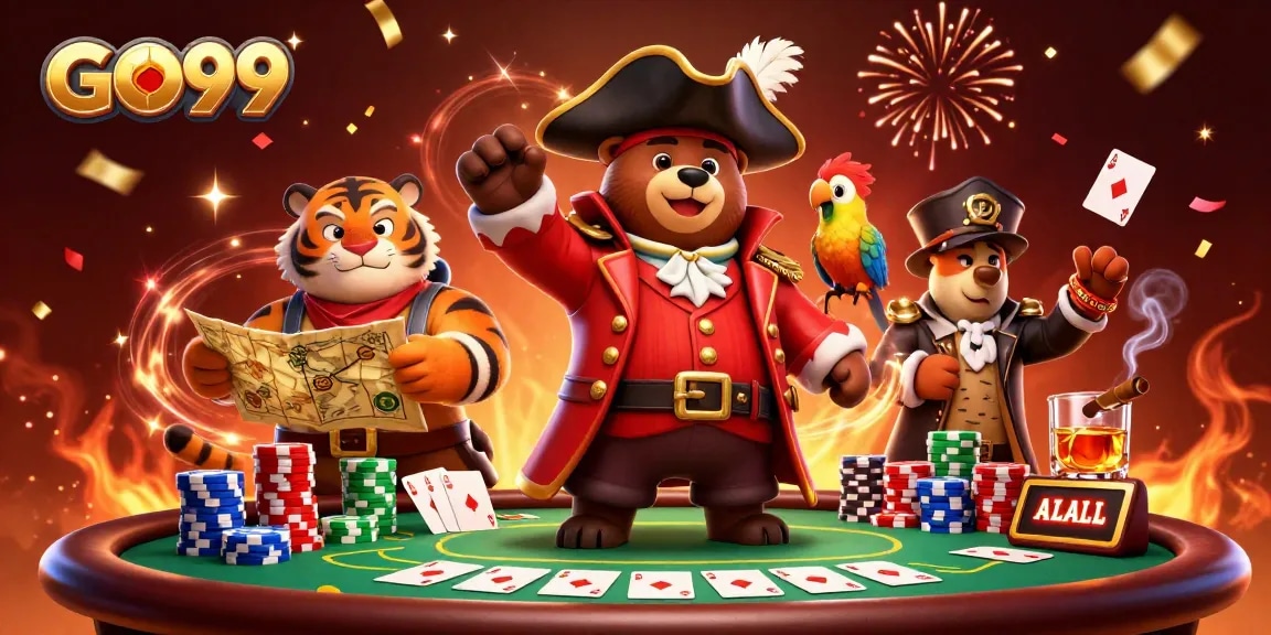 Experience the thrill of GO99 gaming with a 3D cartoon pirate bear leading the adventure