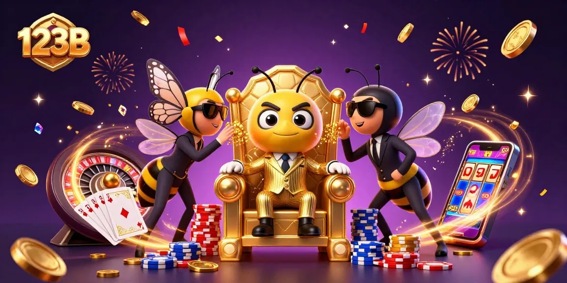 Experience thrilling games and wins at 123B with a vibrant 3D casino scene.