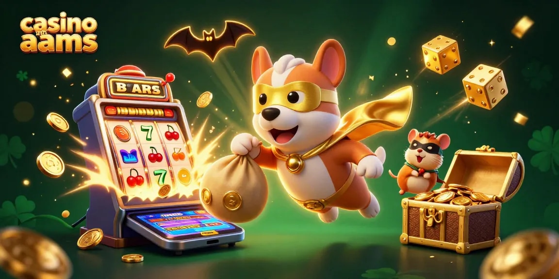 Vivi l'emozione dei casino non AAMS con un cane supereroe che vola nell'aria, circondato da monete e jackpot.