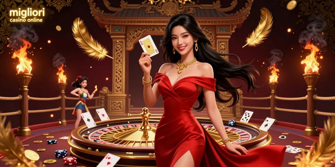 Scopri l'emozione dei migliori casino online con una scena mozzafiato della roulette che presenta una donna asiatica sicura di sé.