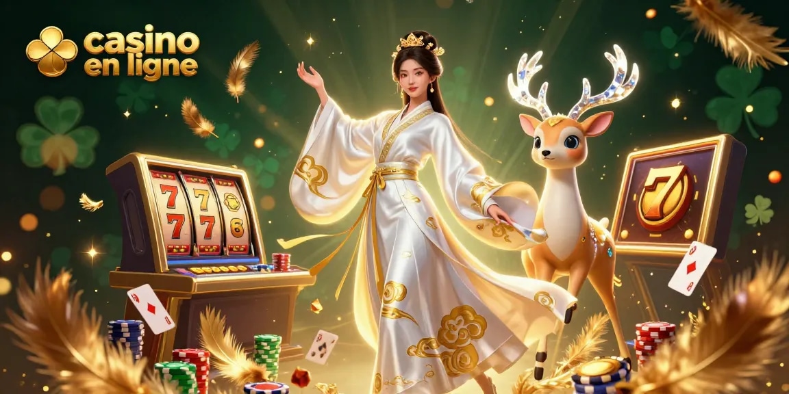 Participez à un casino en ligne palpitant dans cette scène 3D vibrante mettant en vedette une femme asiatique élégante et des cerfs célestes au milieu d'éléments de jeu dynamiques